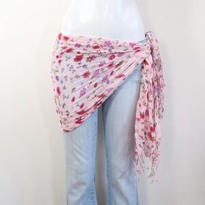pink floral scarf tassel fringe crinkle boho headscarf hip wrap